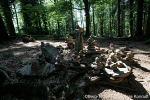 Bergtour im Wald mit Steinstapeln und Naturkulisse.
