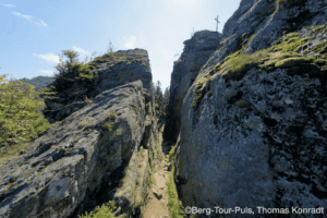 Alpenfelsen mit Wanderweg und Natur.