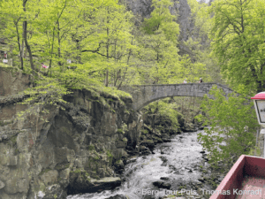 Bergbrücke über Fluss in grüner Natur, Wandern, Outdoor-Aktivitäten, Bergtour Puls.