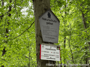 Natur- und Umweltschutzgebiet mit Wanderweg und Hinweisschild in einem Wald.