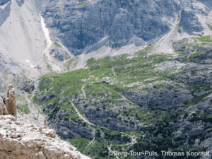 Alpenwanderung mit Blick auf steile Felsen und grüne Pfade.